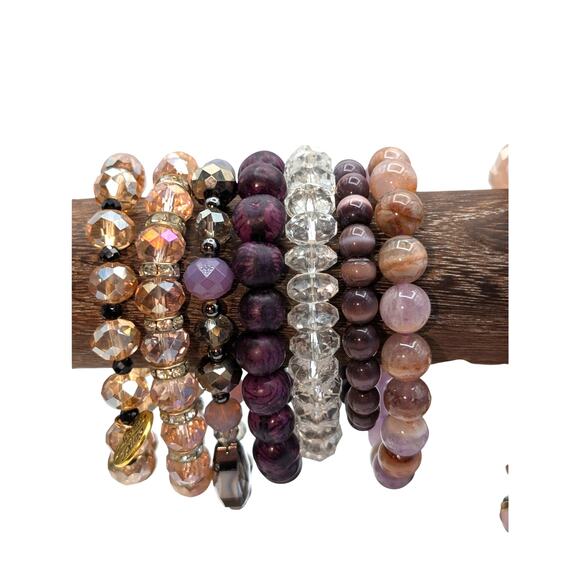 Lot of Eleven Pink Purple Crystal Stone Beaded Stretch Bracelets - Picture 3 of 6